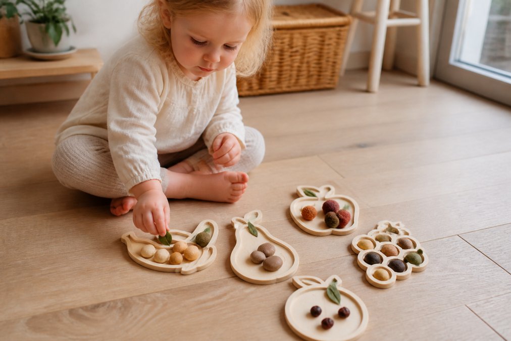 A young toddler sitting on a wooden floor, focused and engaged while playing with small handmade wooden toy trays and colorful natural materials, soft natural light from a nearby window