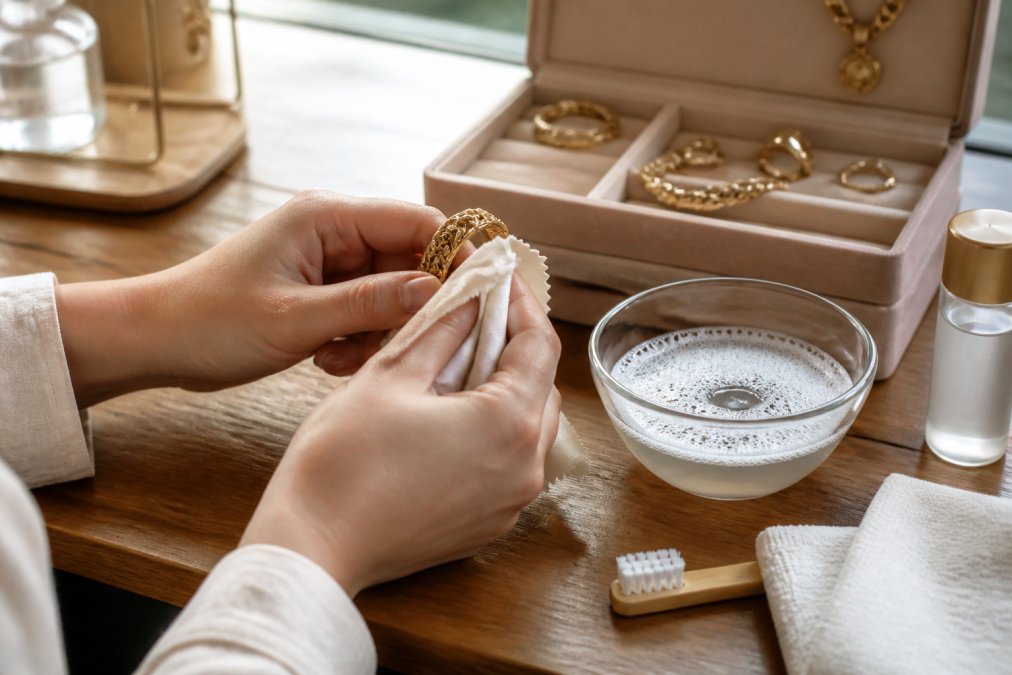 Iemand reinigt voorzichtig een handgemaakt gouden sieraad met een zachte doek, met een sieradenkistje en onderhoudsmaterialen zichtbaar op de achtergrond