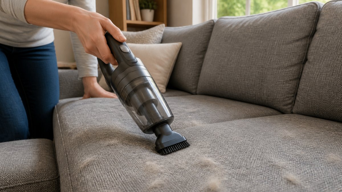 Person using a cordless handheld vacuum with a brush attachment to remove pet hair from a gray fabric sofa