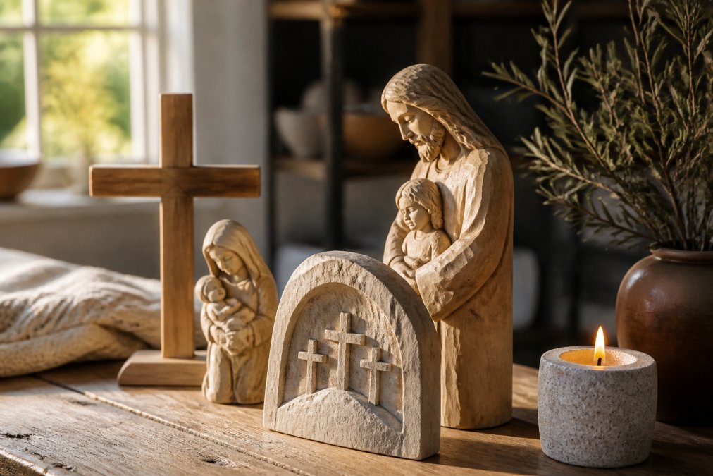 Nærbilde av håndlagde kristne kunstgjenstander arrangert på varmt interiør med naturlig lys gjennom vindu, som viser håndverkskvalitet, tekstur og detaljer