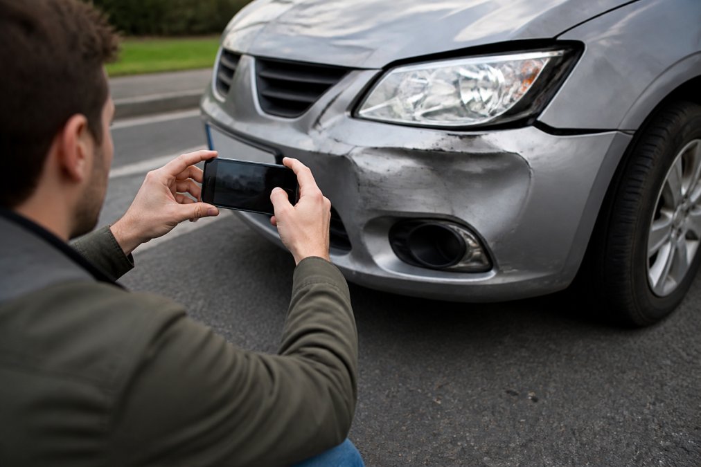 Driver taking photographs of vehicle damage at accident scene with smartphone, close-up of damaged bumper and license plate visible in frame, natural daylight