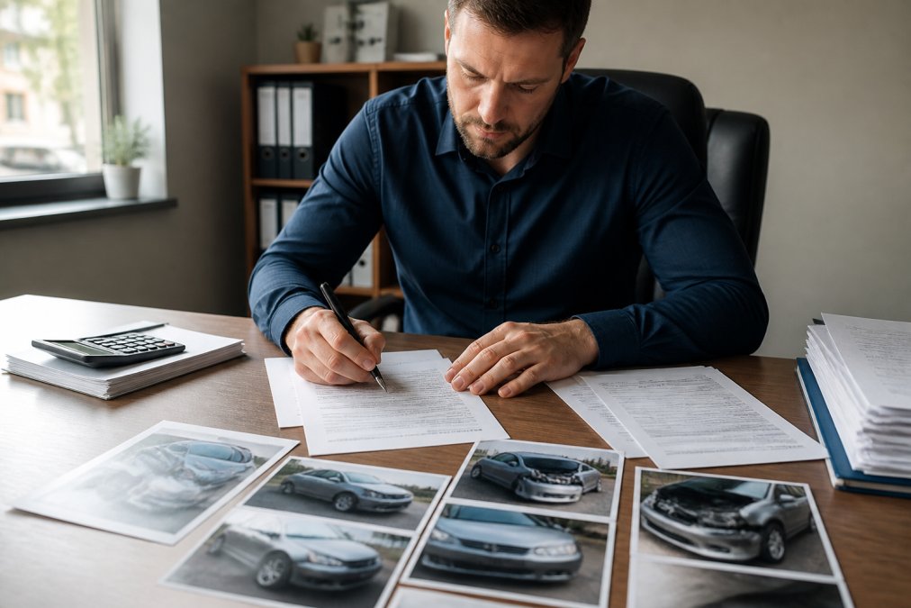 Person at desk writing formal letter of demand with repair quotations and accident scene photographs spread out, pen in hand, natural office lighting