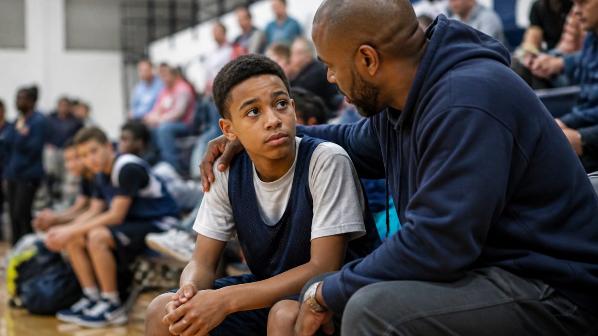 Young basketball player and parent having a supportive conversation on the sidelines of a gymnasium, with the parent's hand on the child's shoulder, showing emotional connection and encouragement in natural gym lighting