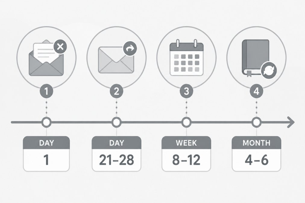 Timeline infographic for how to handle book club rejection through four strategic follow-up windows.