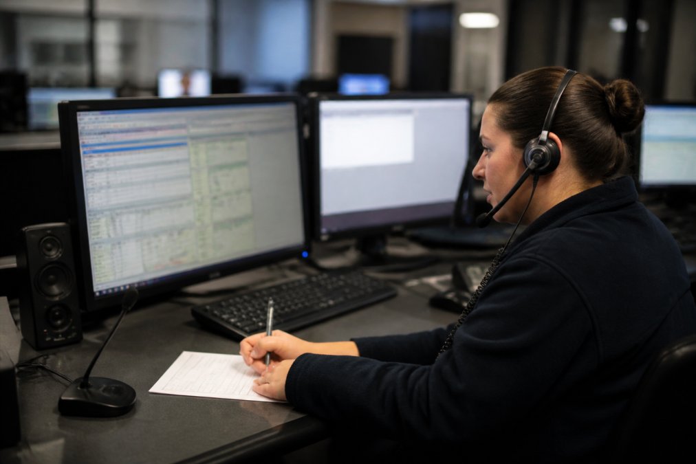 Call taker at a dispatch center wearing a headset, focused on a computer screen displaying CAD system data, taking handwritten notes during an active emergency call, with multiple monitors visible in background
