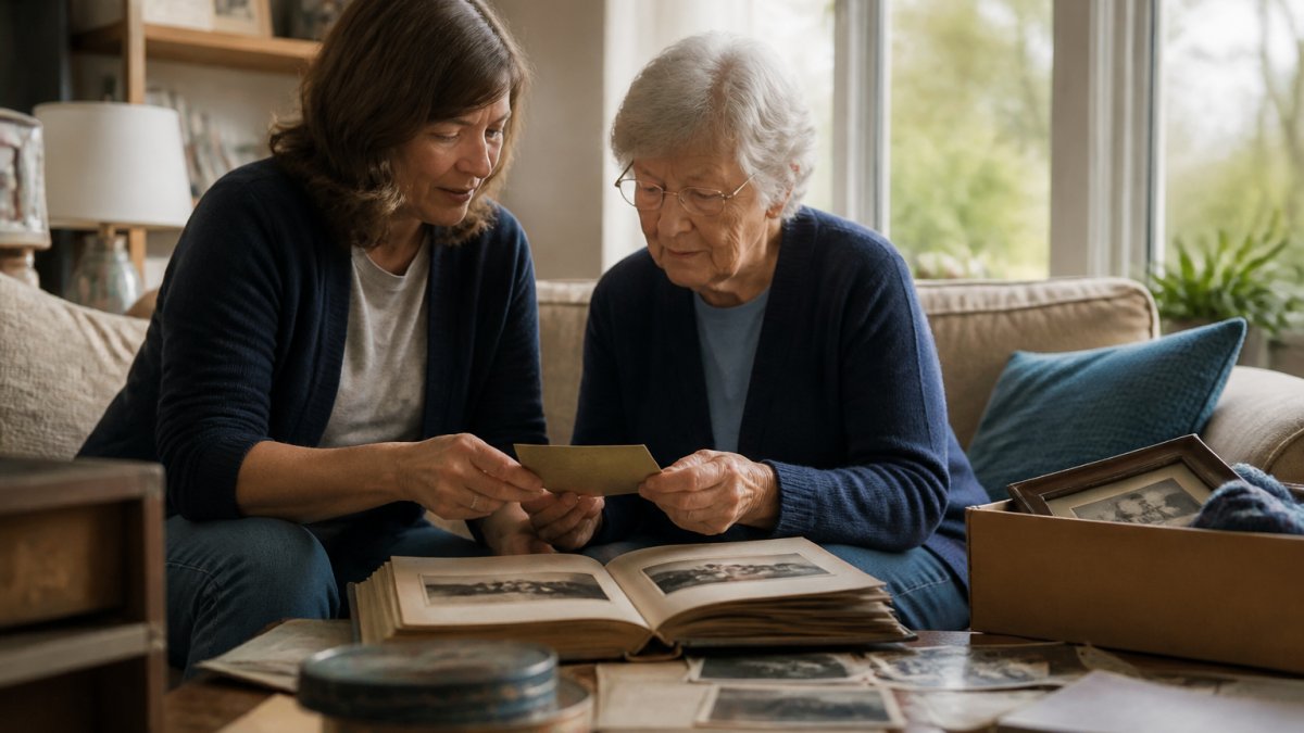 Adult child and elderly parent reviewing family photos to avoid emotional burnout during estate clearing.
