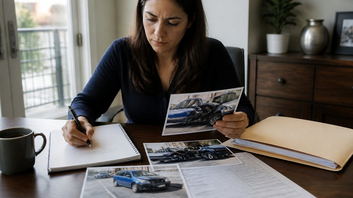 A person reviewing accident photos and notes to learn how to handle insurance adjusters in Florida effectively.