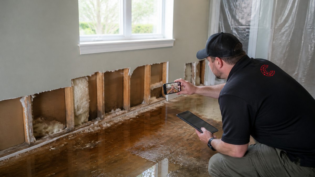 Restoration professional documenting water damage for insurance claim supplements water damage using a smartphone