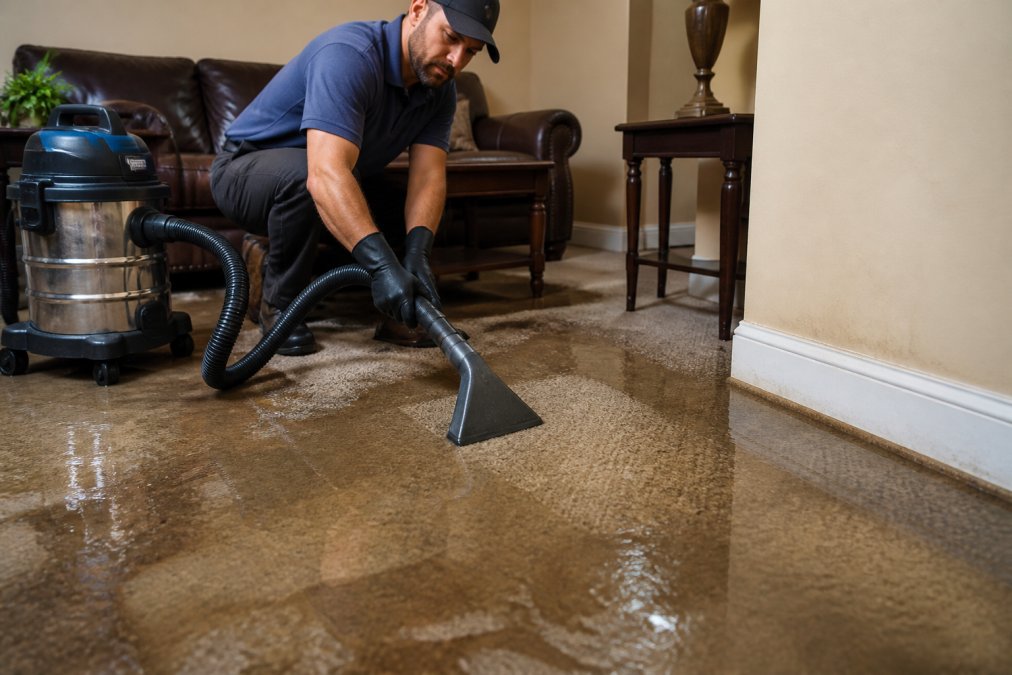 Homeowner using a wet/dry vacuum to extract standing water from a water-damaged carpet, with pooling water visible around furniture legs and baseboards in a residential living room