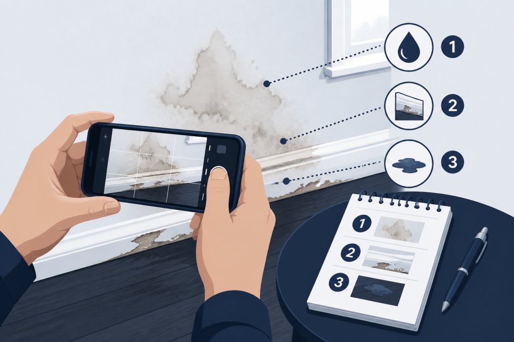 Close-up of hands holding a smartphone taking photos of water-stained drywall and damaged baseboards, with a notepad and pen visible on a nearby table in natural light