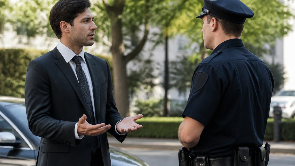 Professional in business attire speaking calmly with law enforcement officer outdoors, maintaining respectful distance and composed body language in natural daylight