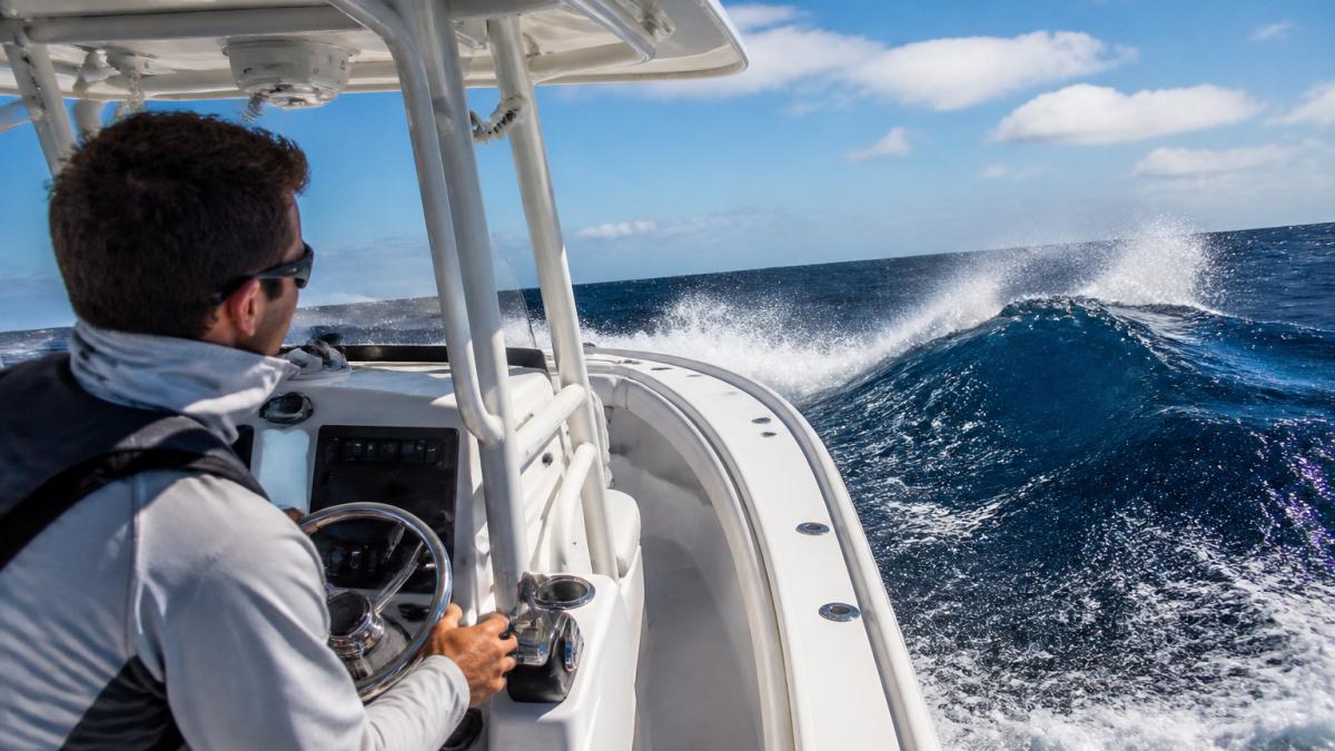 Captain focused at the helm to handle rough seas center console while ascending a wave at a quartering angle