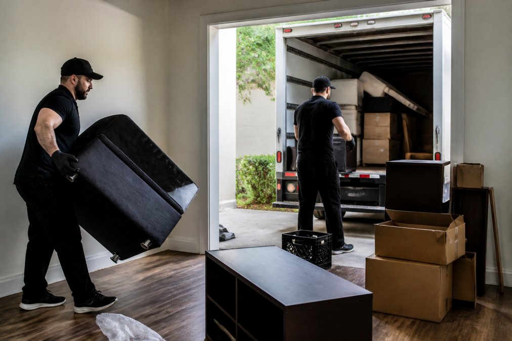 Professional removal crew clearing abandoned furniture and items from an apartment unit with moving equipment and protective gear, loading items into a truck