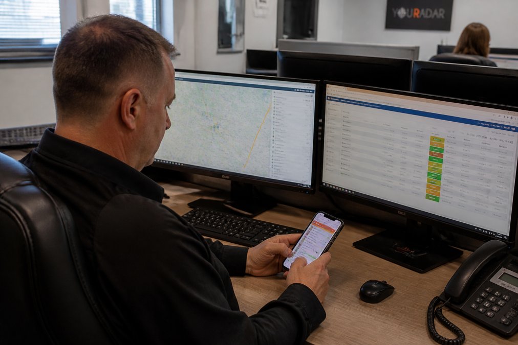 Dispatcher at desk reviewing mobile device with field team visible on assignment screen, office environment with multiple monitors showing job locations and technician status