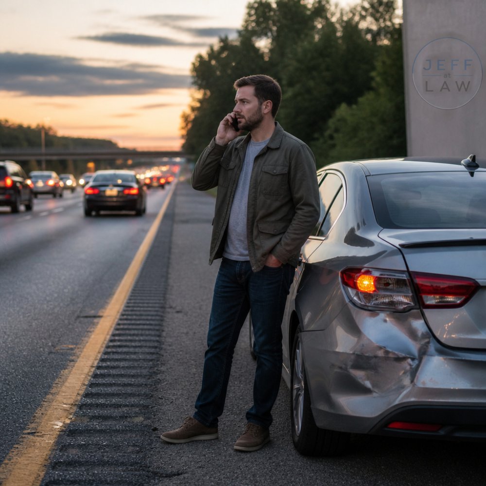 A driver standing beside a dented sedan on a highway shoulder at dusk, hazard lights blinking, phone in hand, traffic streaking past in the background