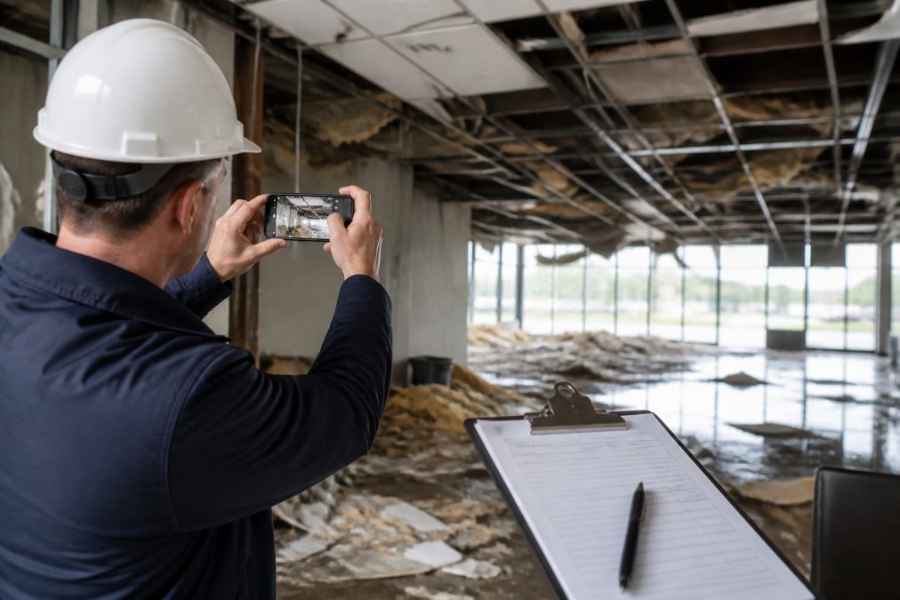 Property manager using a smartphone to document structural damage for complex commercial property claims