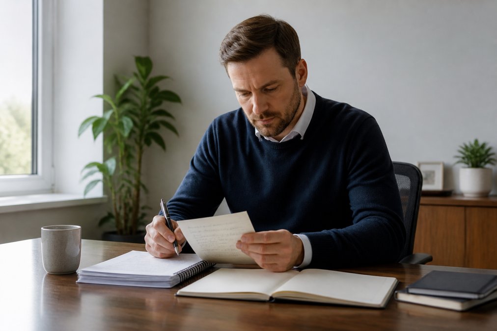 Manager sitting at desk in quiet office, reviewing handwritten notes with a focused expression, natural daylight from window illuminating papers and pen