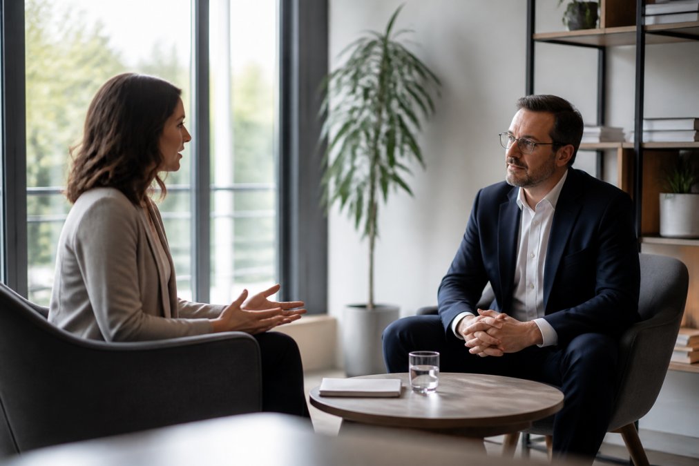 Two professionals in private office having calm conversation, facing each other with open posture, natural lighting from window, both appearing engaged and respectful