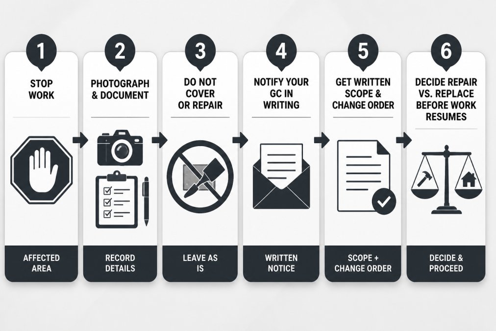 Flowchart showing the 6-step stop-work protocol: stop work in the affected area, photograph and document, do not cover or repair, notify your general contractor in writing, get a written scope and change order, then decide repair vs. replace before work resumes