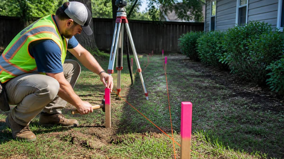 Diagram showing how a surveyor marks property lines to meet HOA fence permit requirements before installation.