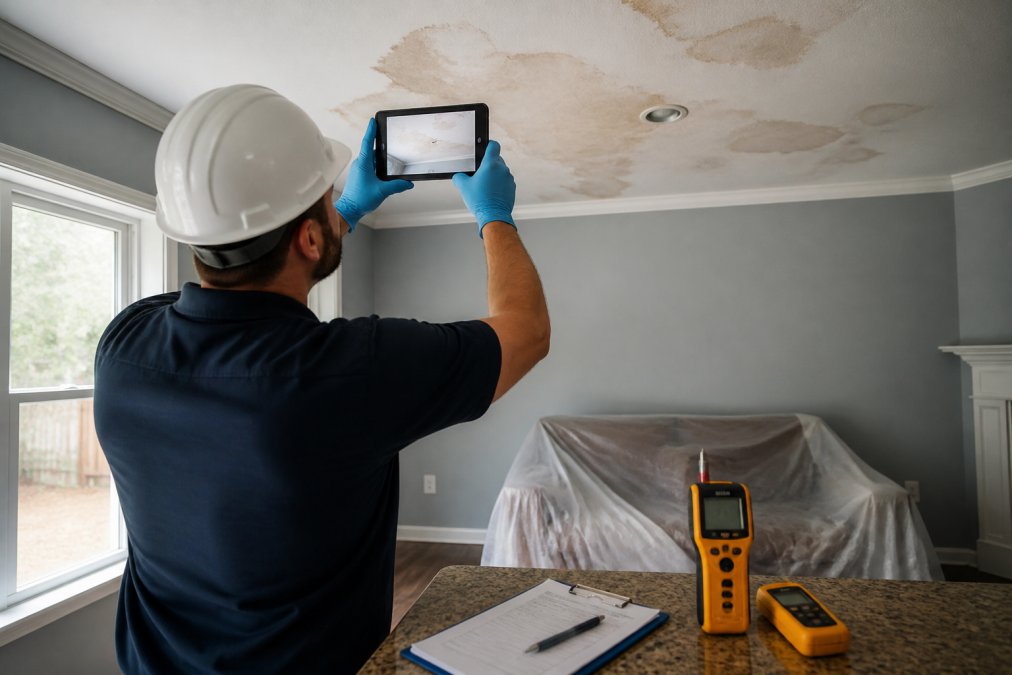 A restoration technician in safety gear using a tablet to photograph water damage on a ceiling, with moisture meters and a clipboard nearby in a residential home