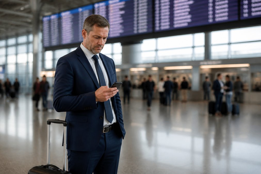 A business traveler in a suit standing in an airport terminal, looking at a smartphone with a concerned but focused expression, carry-on bag beside them, departure boards visible in the background