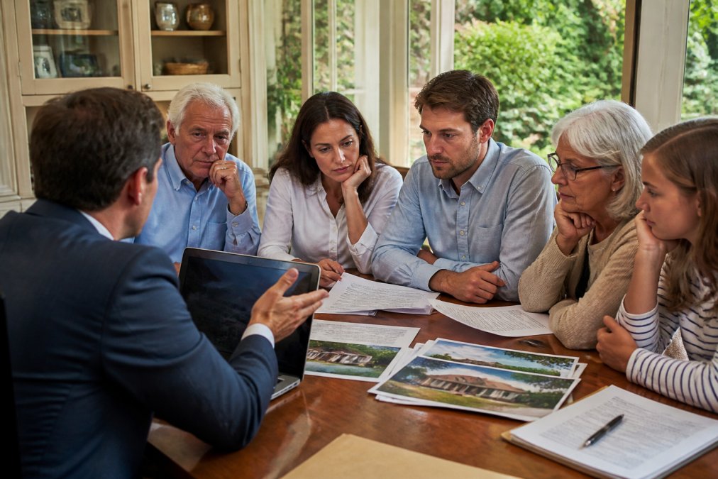 Extended family members of varying ages seated around a dining table with legal documents, laptop, and property photos spread out, engaged in focused discussion with professional advisor present, warm natural lighting from nearby windows