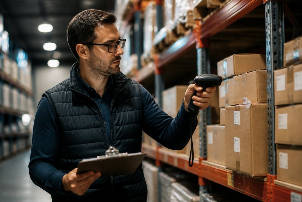 Handling Physical Product Inventory Online: 7 Steps Small business owner using a clipboard and barcode scanner to track physical product inventory in a warehouse.