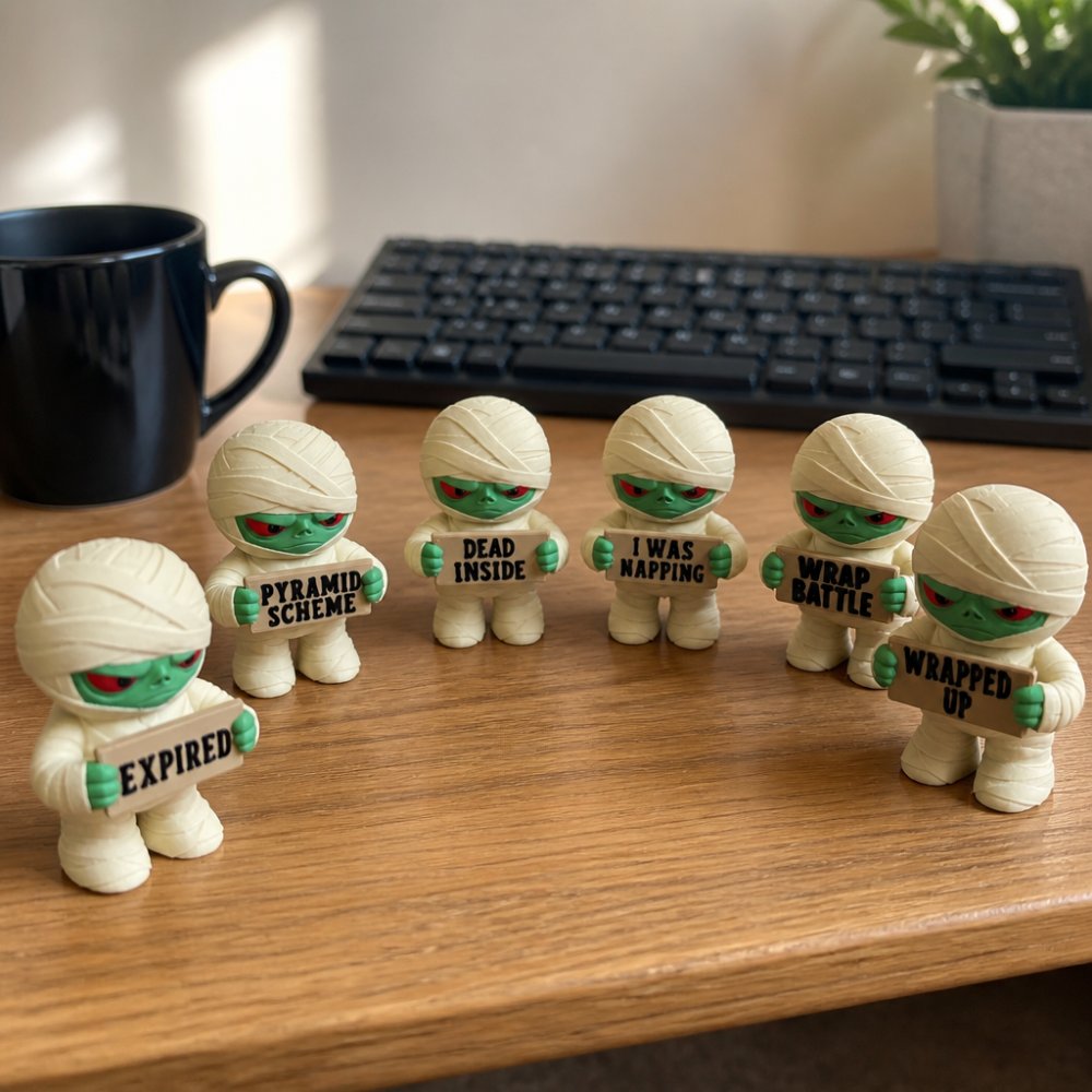 Several colorful 3D printed animal desk buddy figurines arranged on a wooden office desk, each holding a small interchangeable sign, with a keyboard and coffee mug visible in the background, photographed in warm natural light