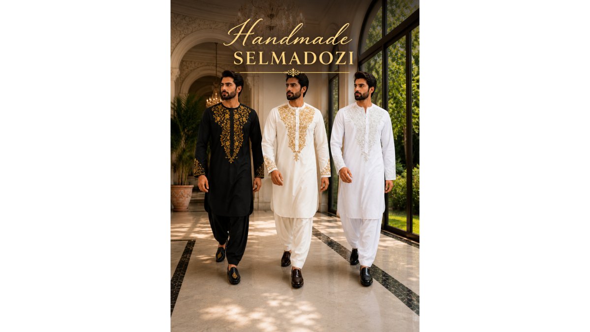 Handmade Afghan Selmadozi Embroidered Men’s Perahan Tunban – Luxury Traditional Formal Outfit – Available in Black, Ivory & White