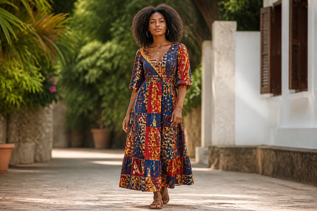 Woman wearing vibrant Ankara maxi dress with bold geometric patterns, styled with simple gold jewelry and natural leather sandals, standing in natural daylight with soft background