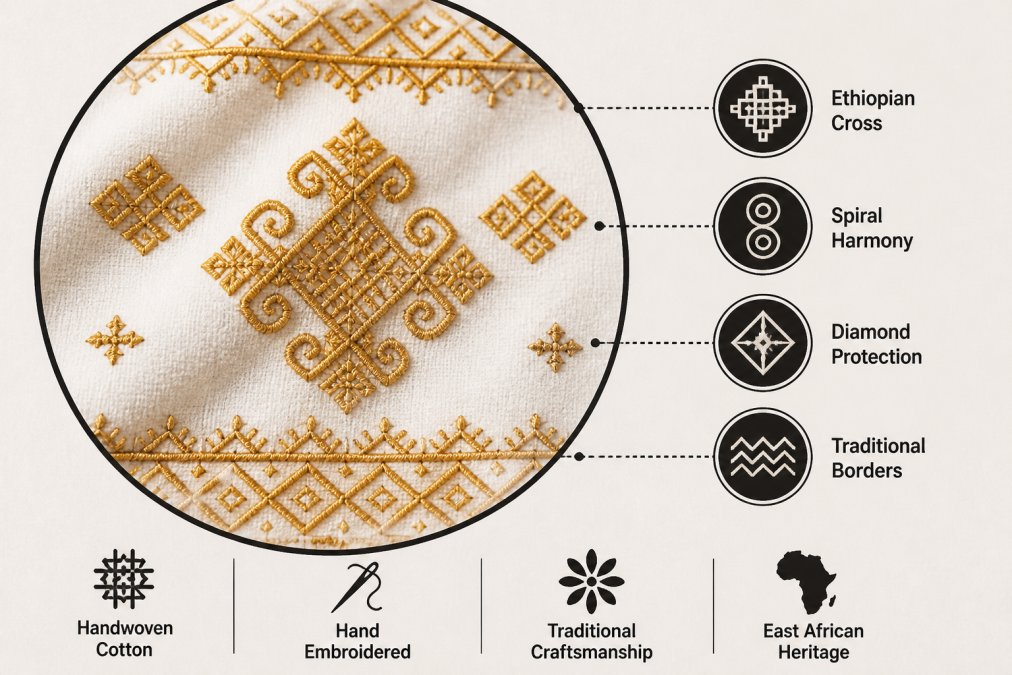 Close-up of intricate golden embroidery details on white handwoven cotton fabric showing traditional Ethiopian patterns and craftsmanship