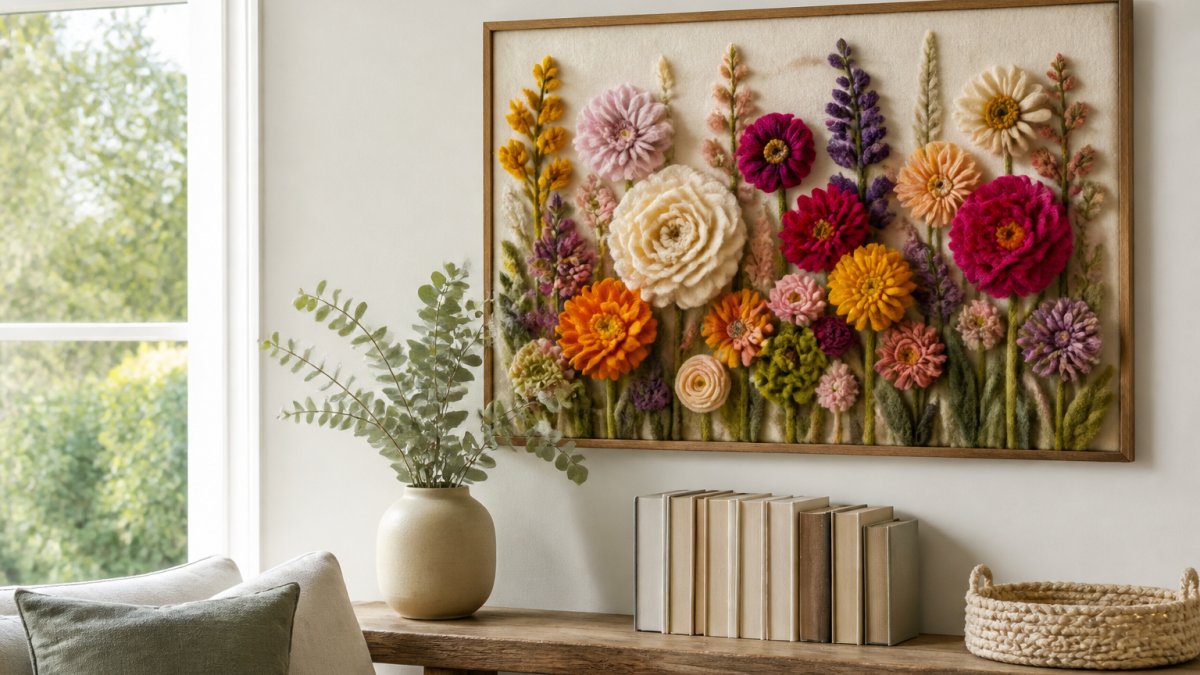A bright living room wall displaying a handcrafted felt floral art piece with colorful wool flowers, styled on a shelf with books and a ceramic vase nearby