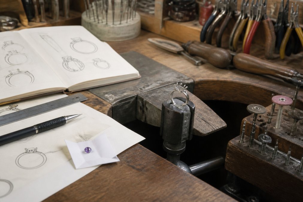 A jeweller's workbench in a warm-lit studio, with a half-finished silver ring held in a clamp, hand tools and pencil sketches spread across the bench, and a loose gemstone resting on a paper packet