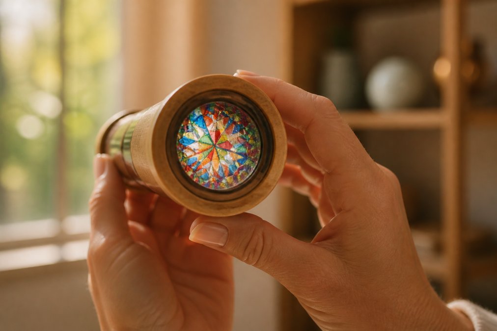 A close-up photograph of a person's hands holding a beautifully crafted wooden kaleidoscope up to the light, with colorful patterns visible through the eyepiece, set against a warm, softly lit background