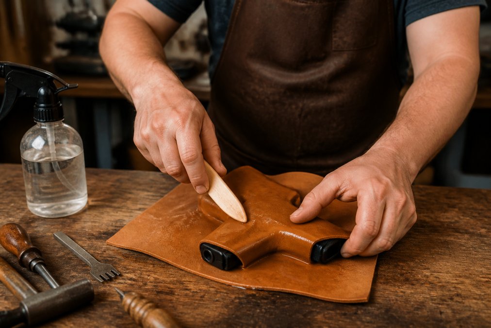 Close-up of a craftsman's hands using a molding bone to press damp veg-tan leather around the contours of a handgun on a wooden workbench, leather tools and a spray bottle nearby, warm shop lighting