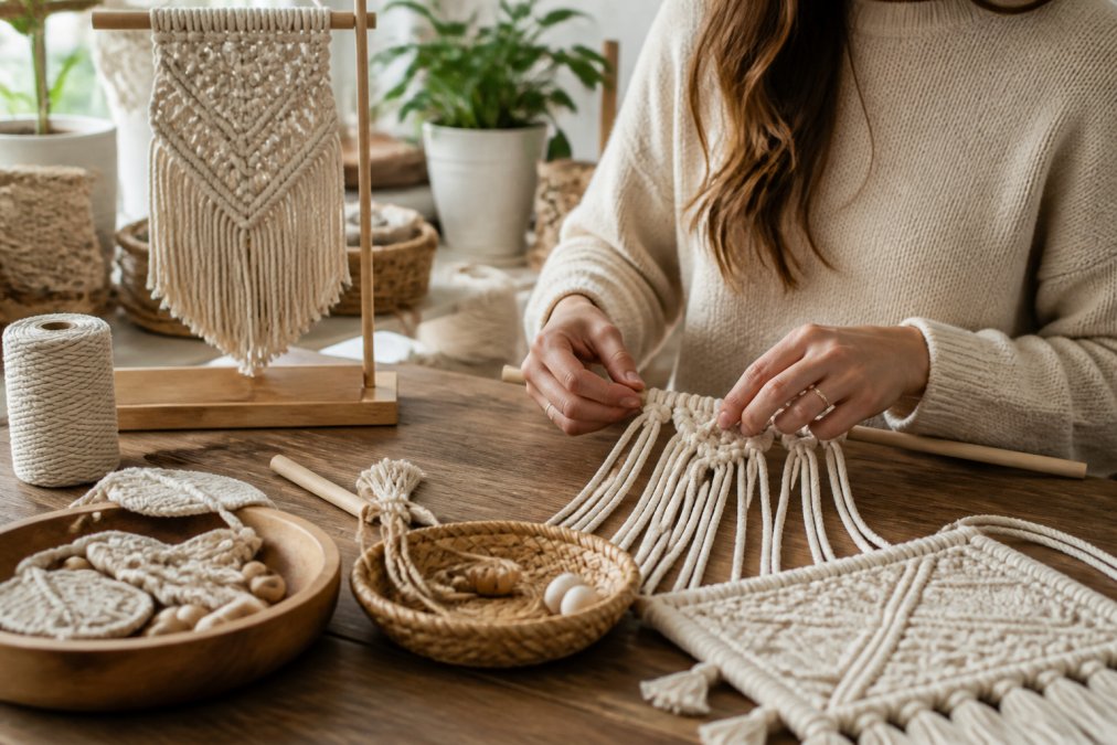 A woman's hands tying macrame knots at a wooden table in a bright studio, with natural cotton cord and a finished wall hanging nearby