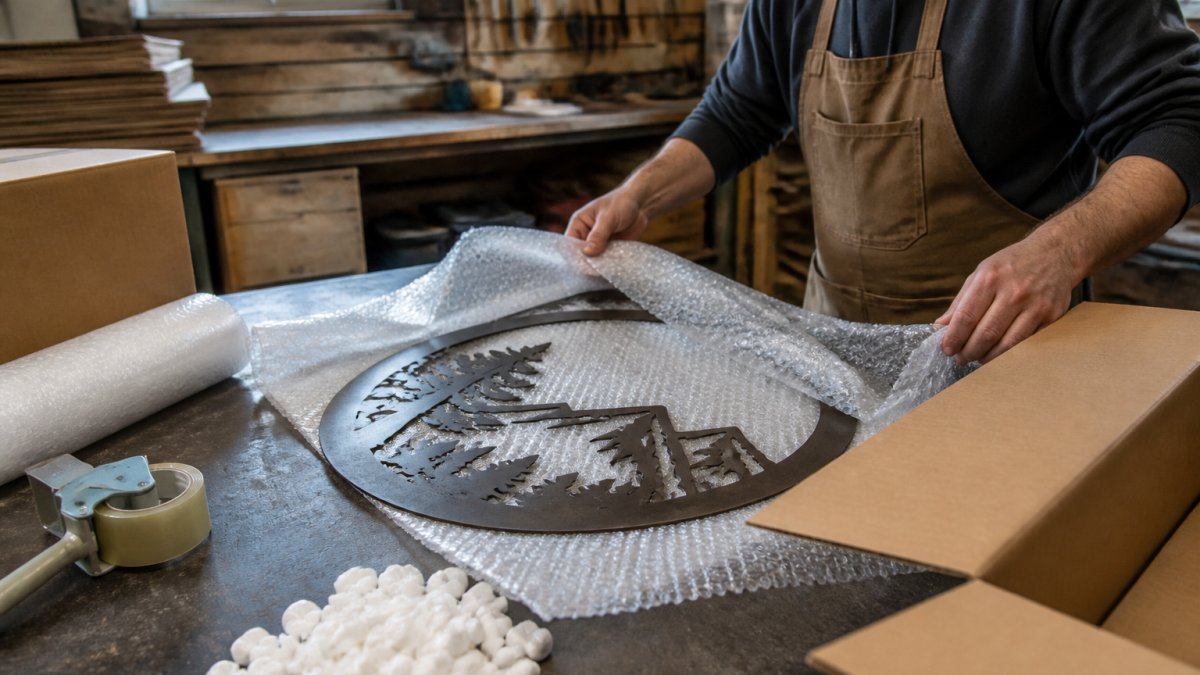 A handcrafted metal wall sign being carefully wrapped in protective packaging on a workbench, with a shipping box and packing materials nearby in a rustic workshop