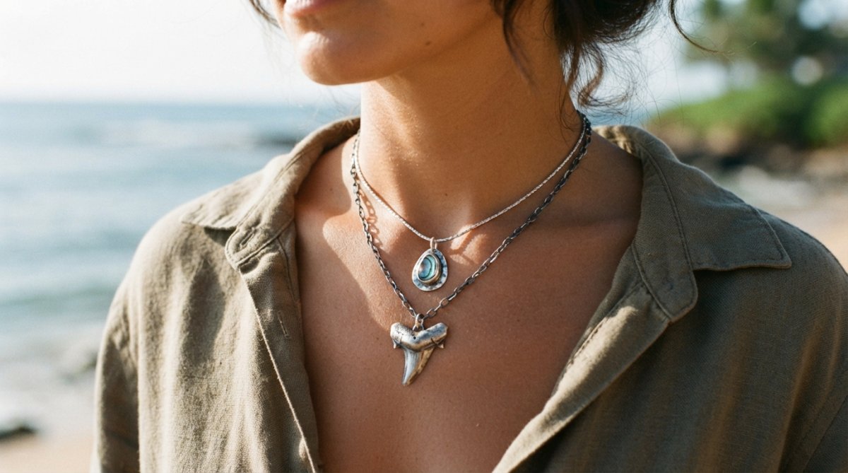 Close-up of a person wearing the Tempest Halo Necklace layered with the Tidebreaker Force Necklace, showing handcrafted shark tooth and silver abalone details gleaming against their collarbone and chest in natural sunlight