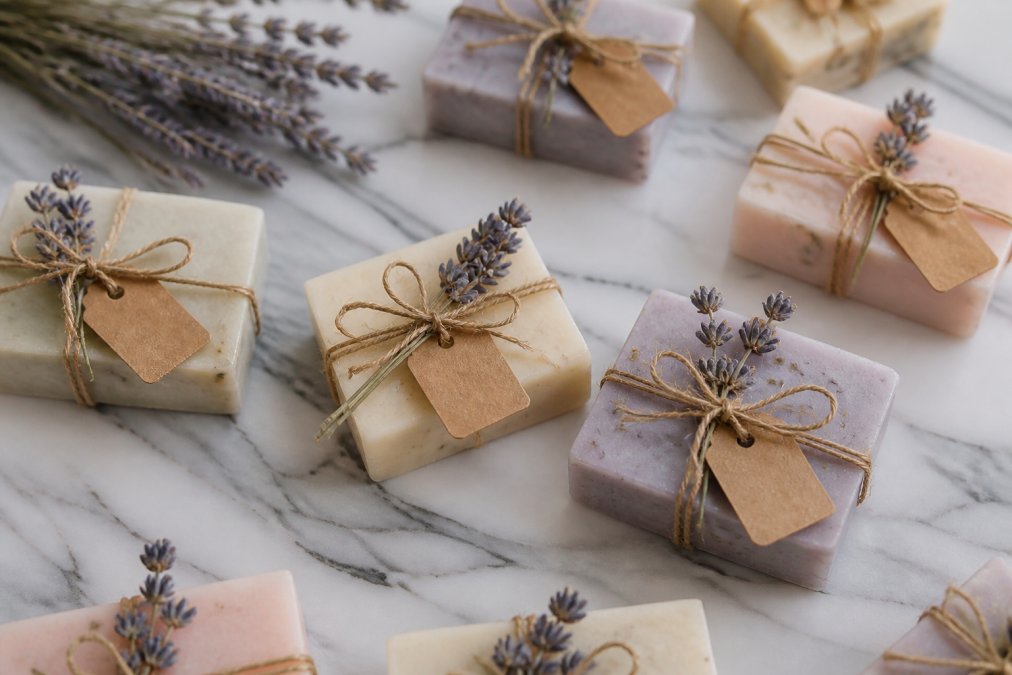 A flat-lay arrangement of artisan mini soap bars in soft pastel colors, tied with natural twine and decorated with dried lavender sprigs and small handwritten thank-you tags, arranged on a white marble surface in soft natural light