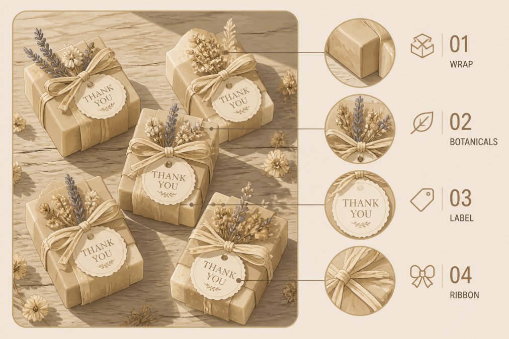 Several small handcrafted soap bars wrapped in kraft paper and tied with biodegradable ribbon, with dried botanical flowers and custom printed labels resting on a weathered wooden table in warm afternoon light