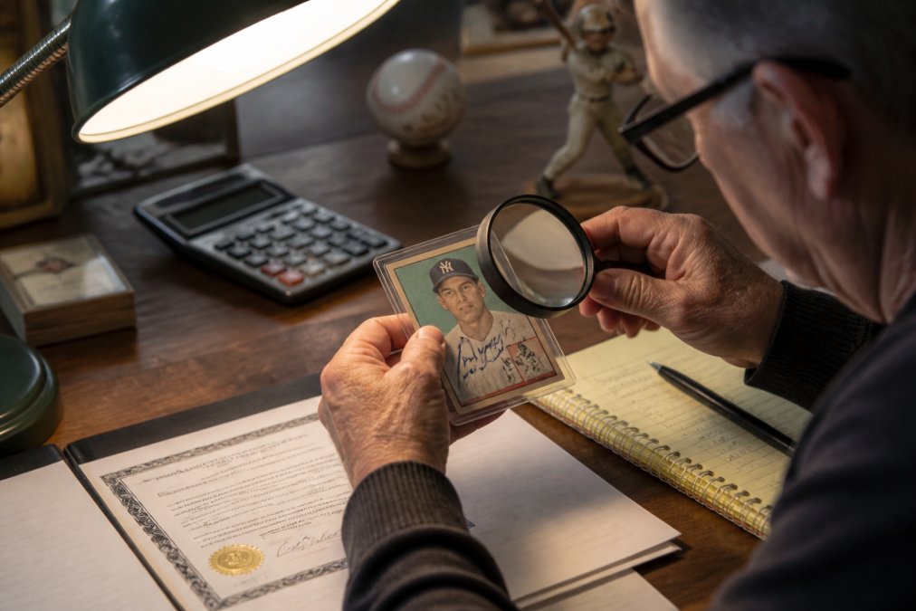 Collector carefully examining vintage sports memorabilia under bright desk lamp, holding magnifying glass near autographed baseball card, professional appraisal documents visible on wooden desk