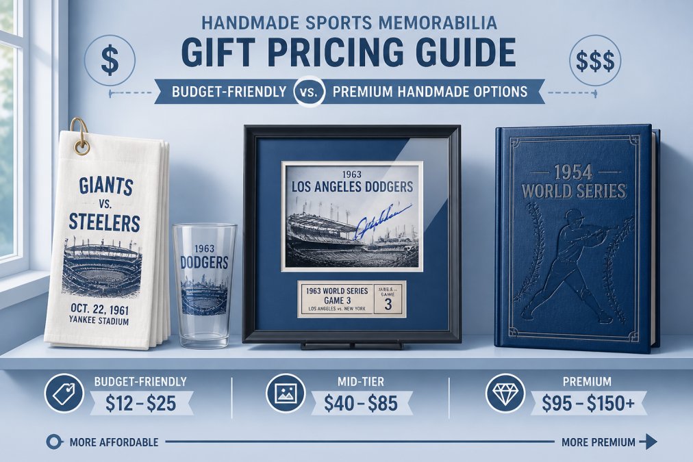 Curated shelf display showing range of handmade sports memorabilia gifts: simple vintage-printed golf towels on left side, custom-framed autographed memorabilia with protective glass in center, premium leather-bound sports collectible book on right, natural window lighting highlighting quality differences