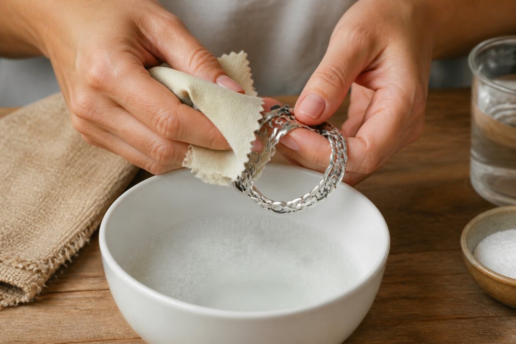 Hands gently cleaning a handmade sterling silver bracelet with a soft polishing cloth over a white bowl, showing proper care technique with warm water and soap