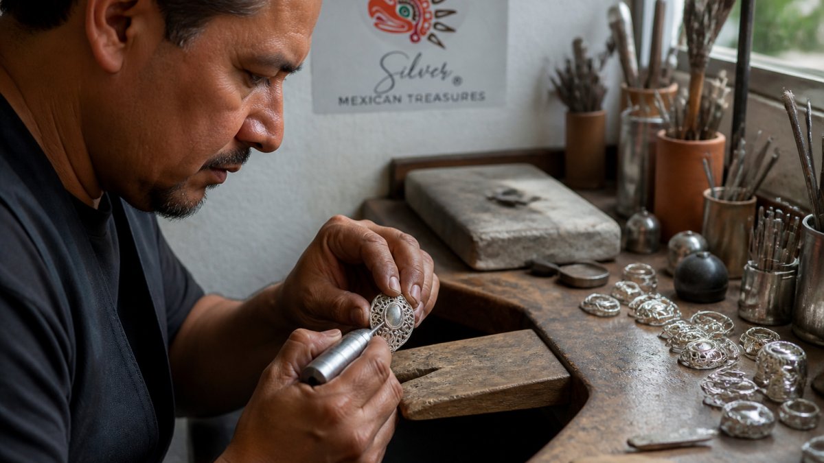 Close-up of artisan hands carefully shaping and polishing a sterling silver jewelry piece at a traditional workbench, with natural workshop lighting illuminating the detailed metalwork