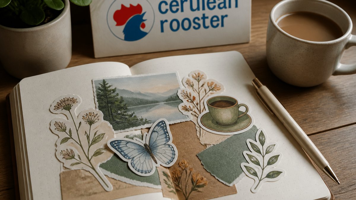 Close-up of an open journal page with hand-drawn vinyl stickers layered at different angles showing depth and color harmony, with a pen resting on the page and a warm cup of coffee nearby