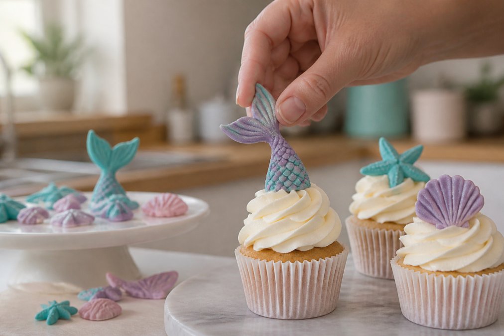 A close-up of a hand placing a colourful handmade glittered mermaid tail sugar topper onto a freshly frosted cupcake, with a softly blurred home kitchen background and natural daylight