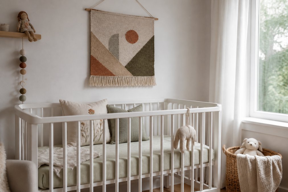 A beautifully styled nursery corner featuring a handmade fabric wall hanging with soft geometric patterns above a white crib, custom embroidered pillows in muted tones, and washed cotton bedding in natural light from a nearby window