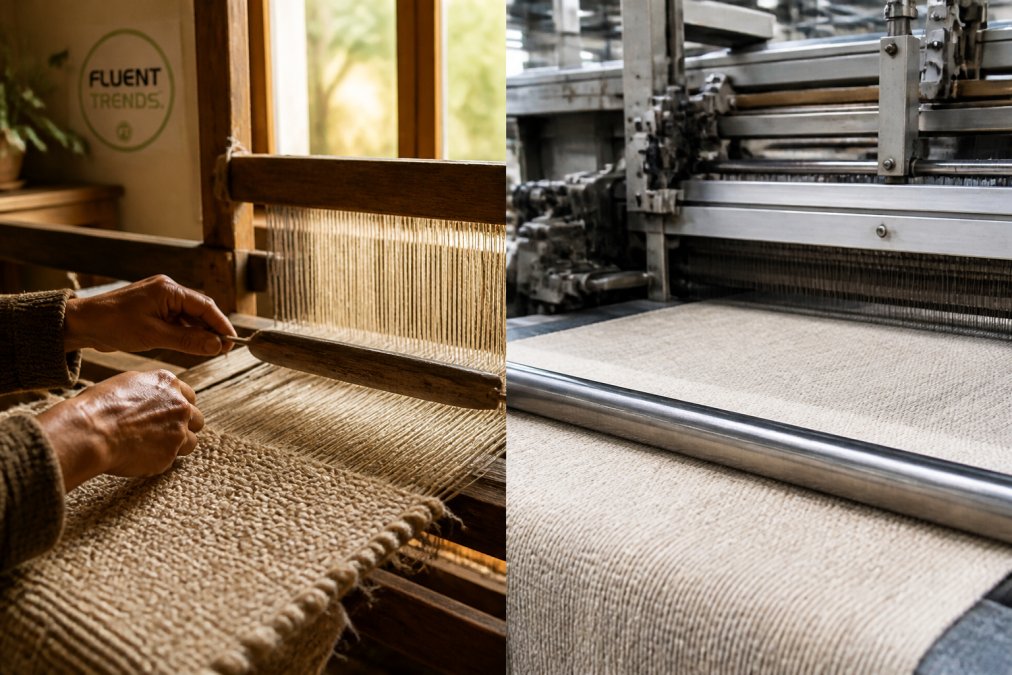 Close-up of an artisan's hands weaving a textured throw on a traditional wooden handloom, natural fibers visible under warm window light