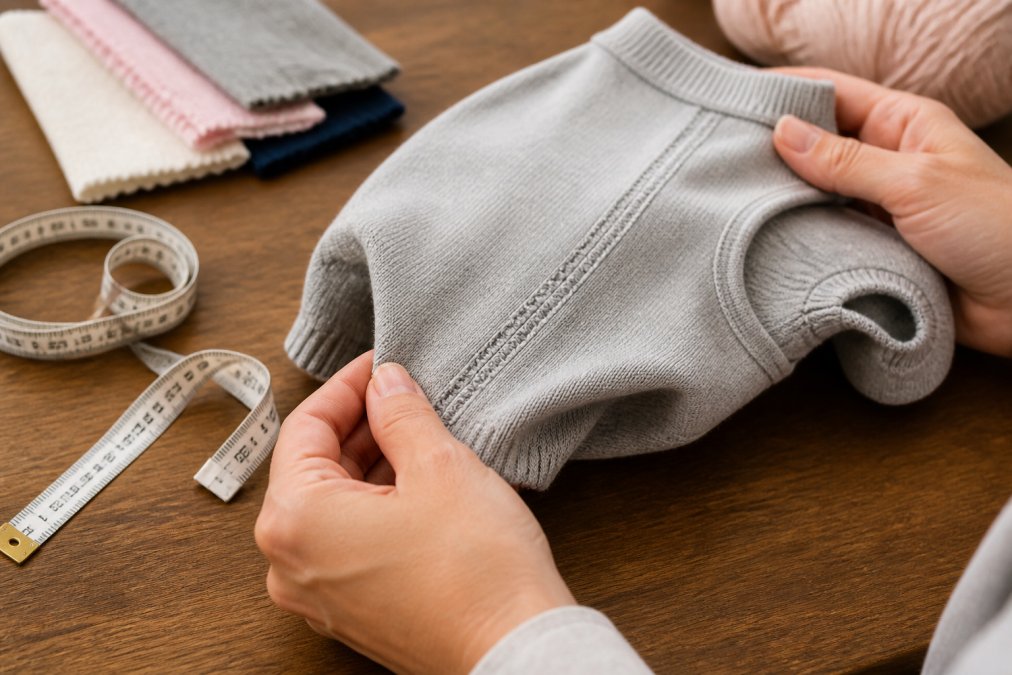 Infographic flowchart showing the quality inspection process for durable dog sweater fabrics and stitching.